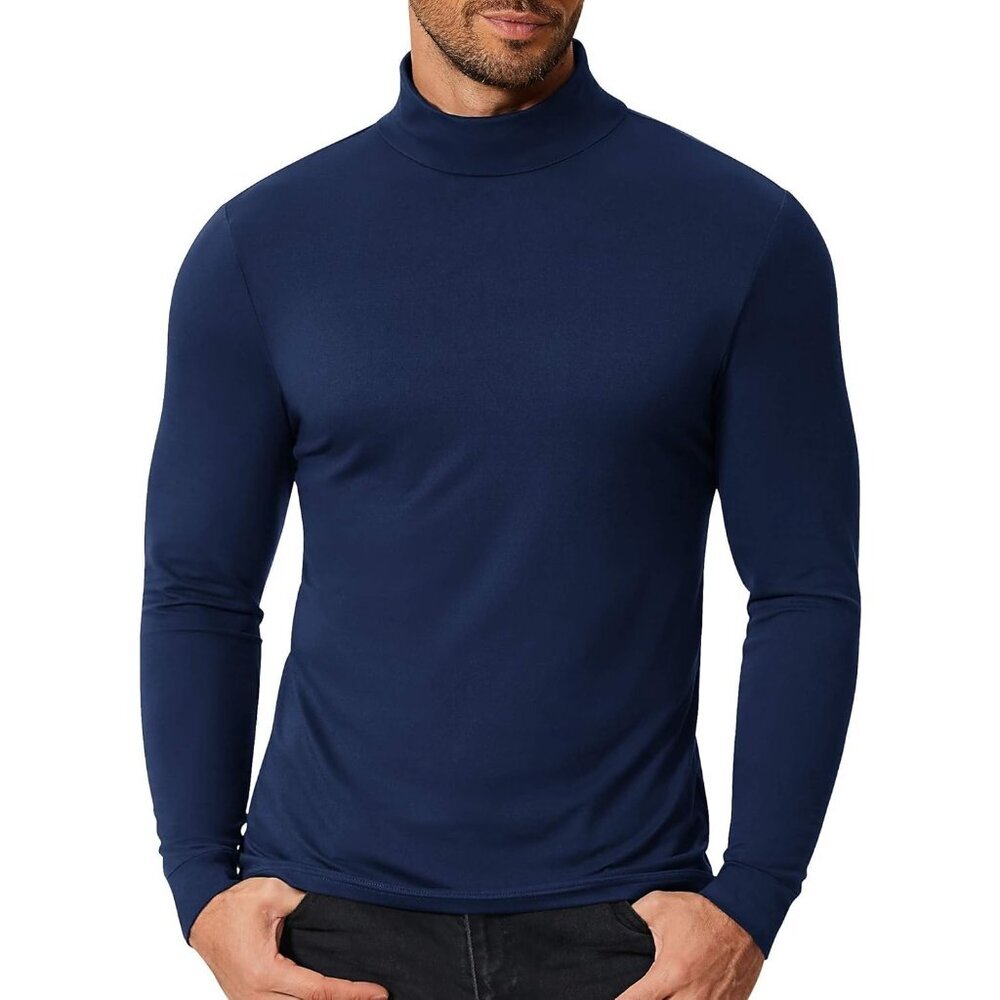 Men's Slim Fit Mock Turtleneck TShirt Casual Basic Knitted Long Sleeve Navy Blue